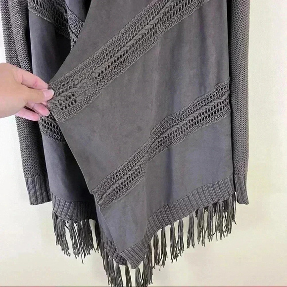 International Concepts Brown Faux Suede Knit Fringe Open Cardigan Size L - Picture 4 of 13